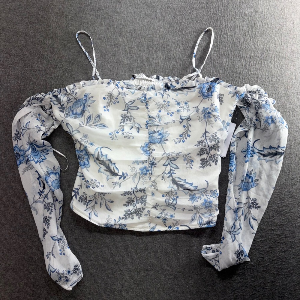 GUESS Natassia Ruffle Top Blue White Ivy Floral Off Shoulder Blouse XL NWT